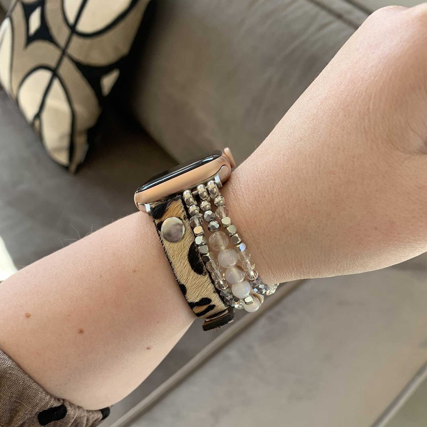 Apple Watch Leather Jewellery Strap - Leopard Silver